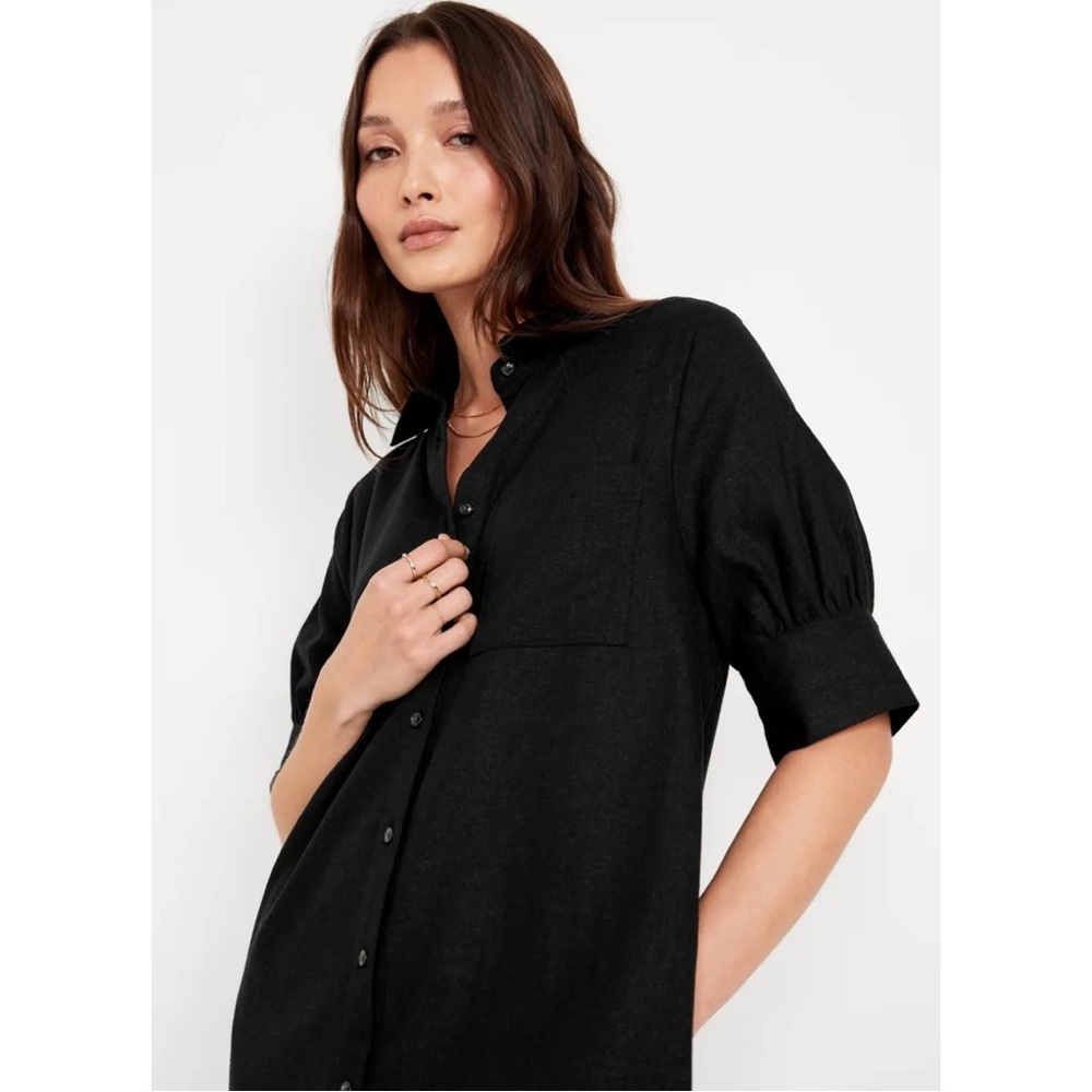 Old Navy Linen Black Collar Short Sleeve Shirt Dress Midi